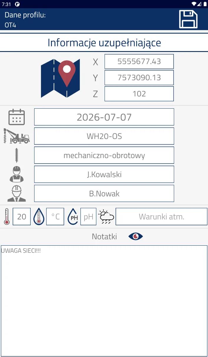 Informacje uzupełniające otworu