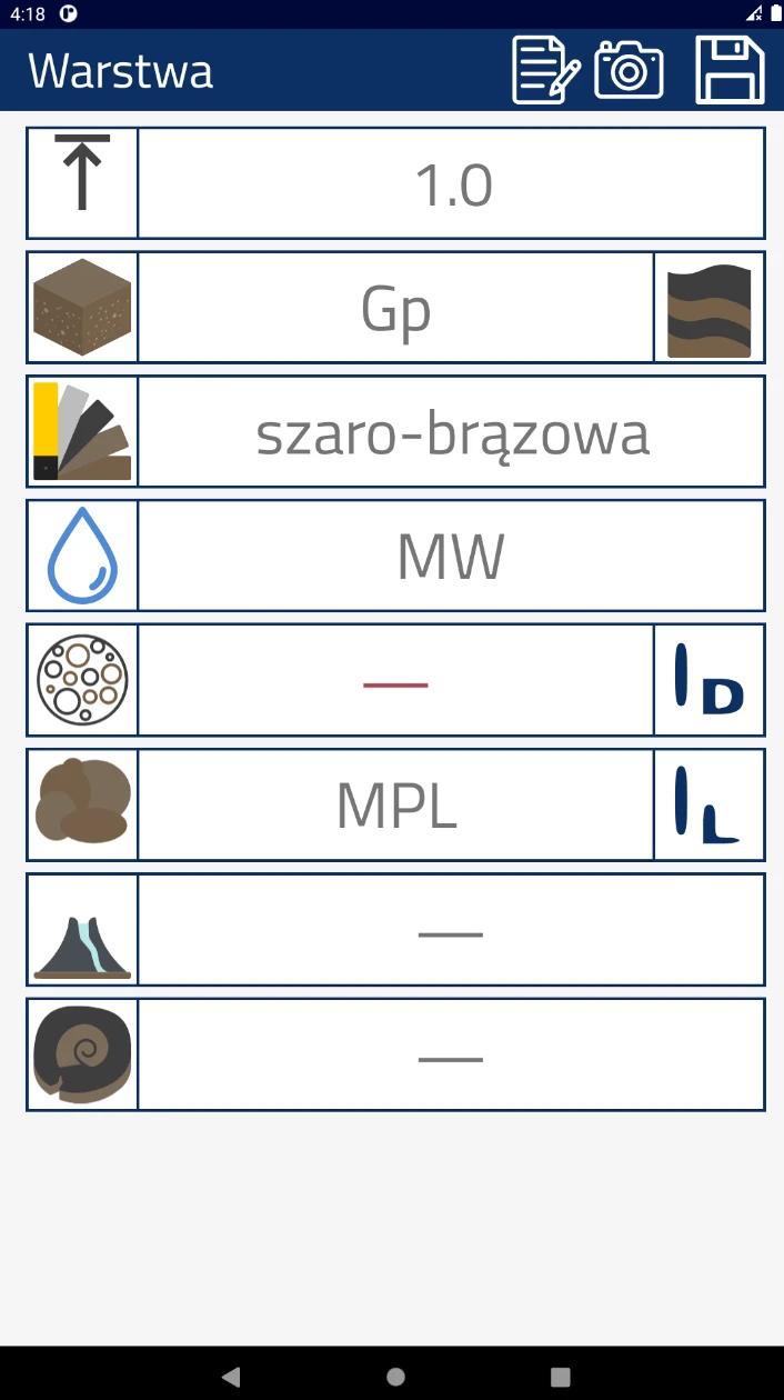 Opis warstwy gruntu w aplikacji mobilnej